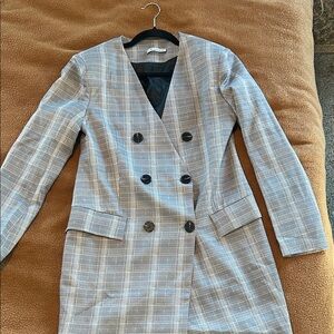 Gray Plaid Double-Breasted Blazer Dress